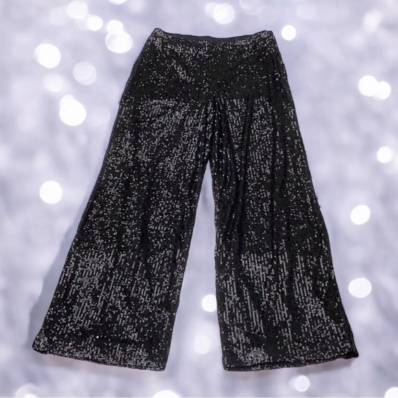 TRUTH NWT WOMENS WIDE LEG BLACK SEQUIN SPARKLING TROUSERS PANTS SIZE 8 PARTY - Picture 5 of 9